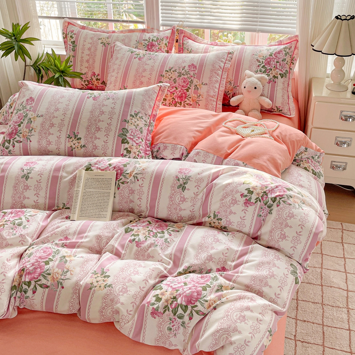 纽缦家纺 2025新款全棉纯棉磨毛印花四件套 法芙娜粉