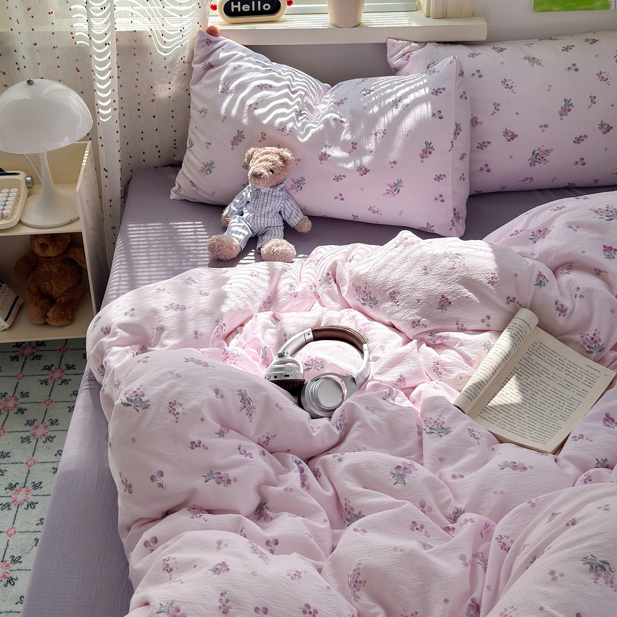 91家纺网 家纺一手货源 找家纺 沐芷 2025 A类木棉双层纱简约风床上四件套柔软手感宿舍三件套 夏日葡萄