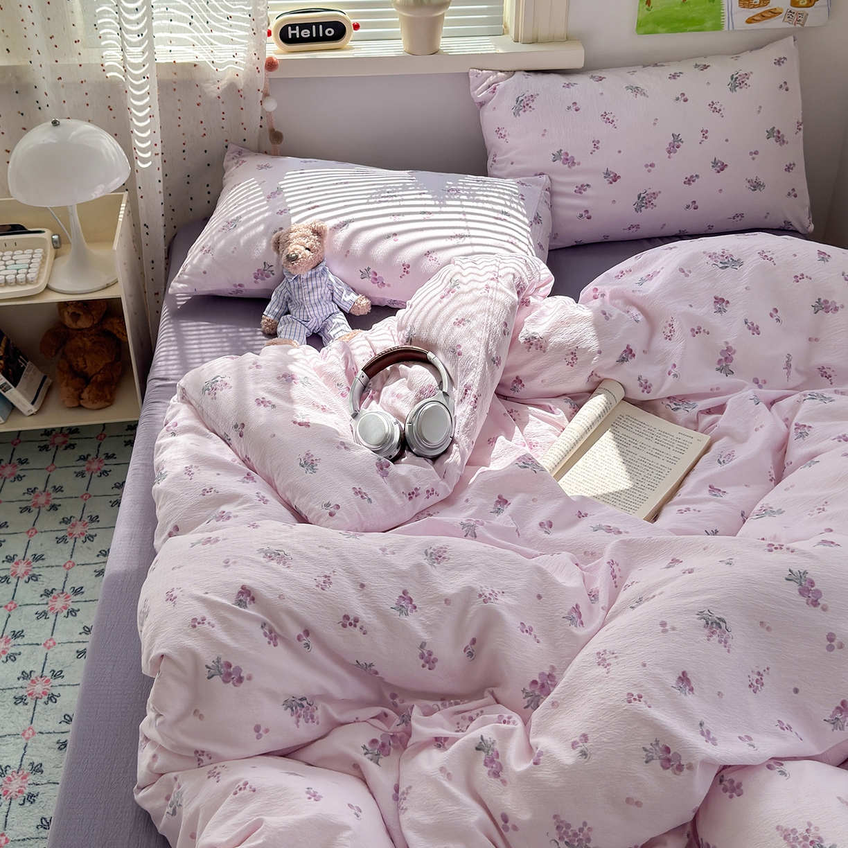 91家纺网 家纺一手货源 找家纺 沐芷 2025 A类木棉双层纱简约风床上四件套柔软手感宿舍三件套 夏日葡萄