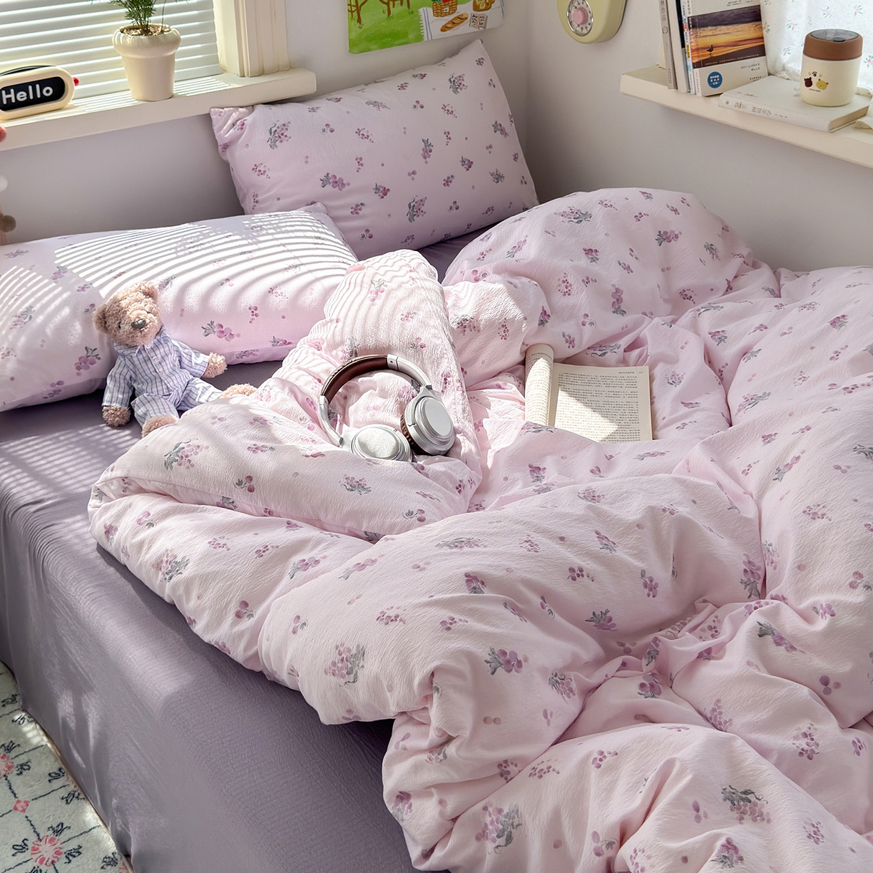 91家纺网 家纺一手货源 找家纺 沐芷 2025 A类木棉双层纱简约风床上四件套柔软手感宿舍三件套 夏日葡萄