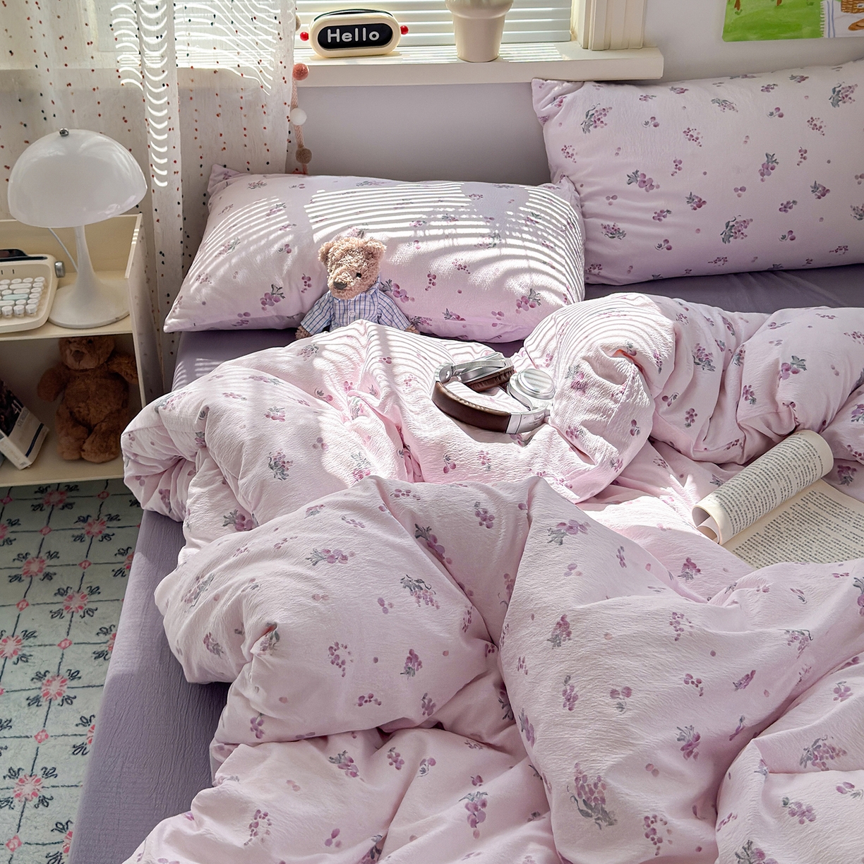 91家纺网 家纺一手货源 找家纺 沐芷 2025 A类木棉双层纱简约风床上四件套柔软手感宿舍三件套 夏日葡萄