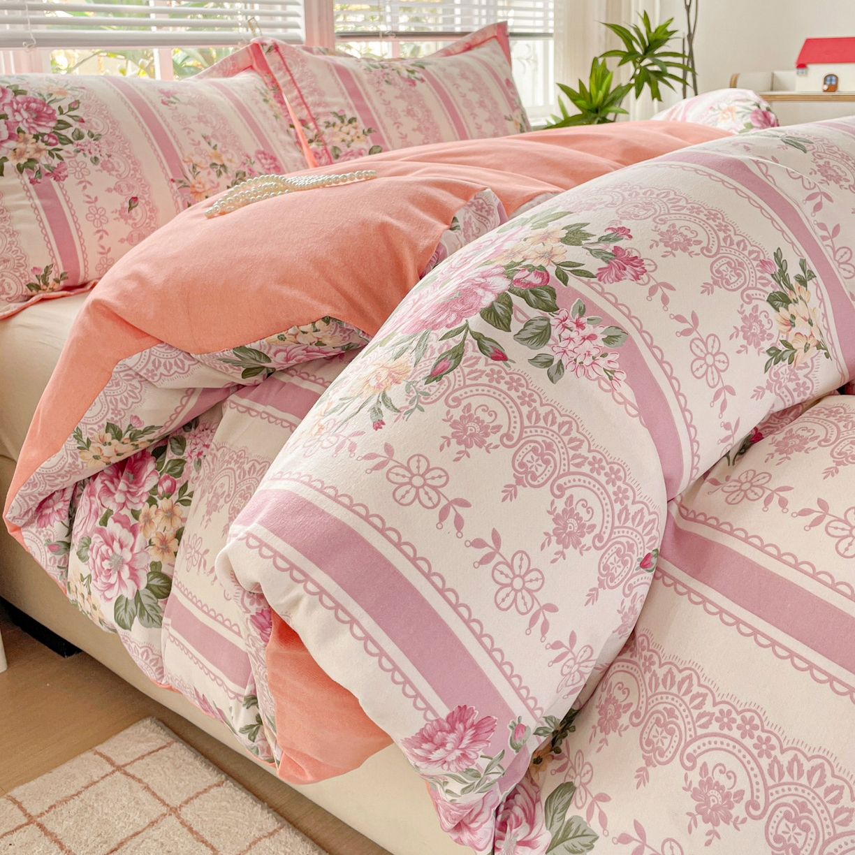 91家纺网 家纺一手货源 找家纺 纽缦家纺 2025新款全棉纯棉磨毛印花四件套 法芙娜粉