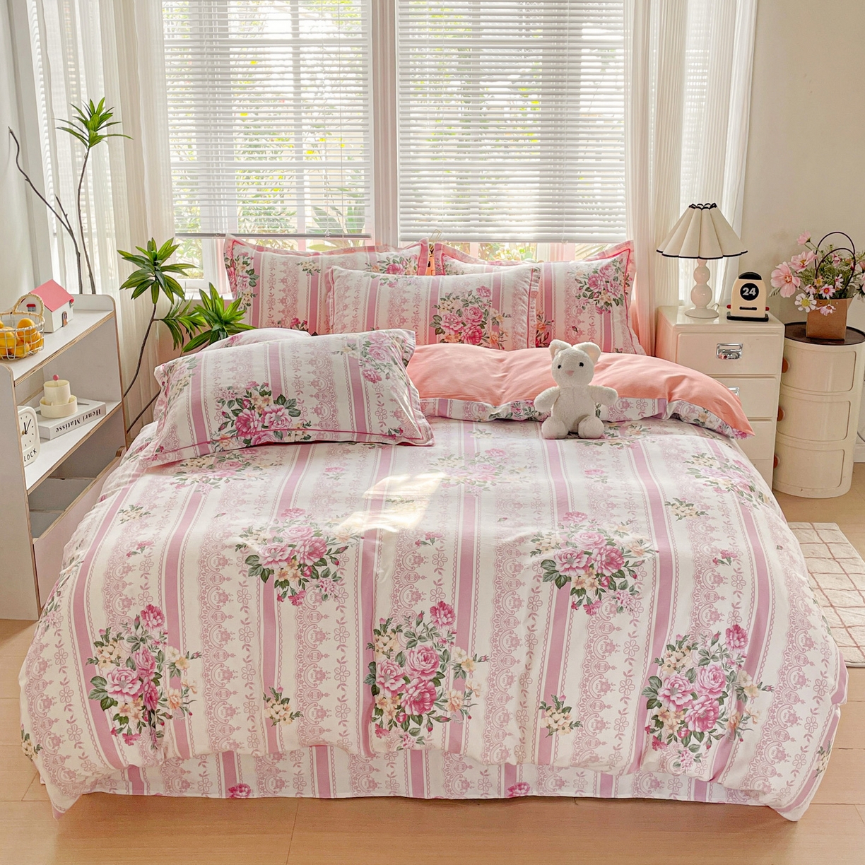 91家纺网 家纺一手货源 找家纺 纽缦家纺 2025新款全棉纯棉磨毛印花四件套 法芙娜粉