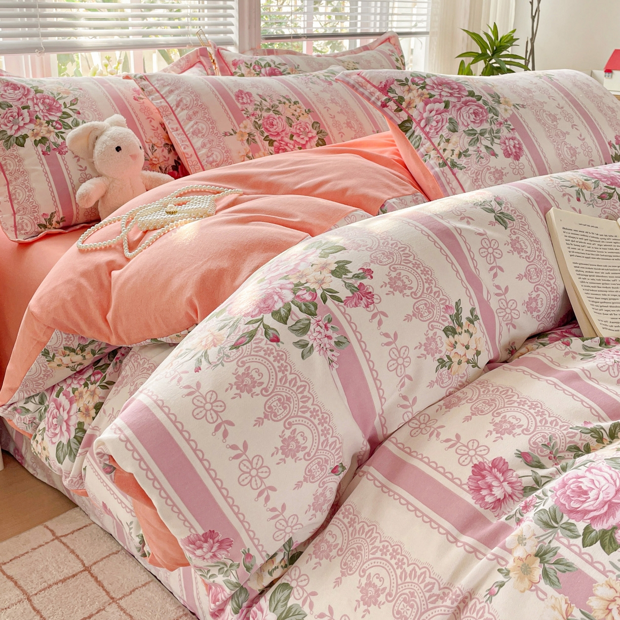 91家纺网 家纺一手货源 找家纺 纽缦家纺 2025新款全棉纯棉磨毛印花四件套 法芙娜粉