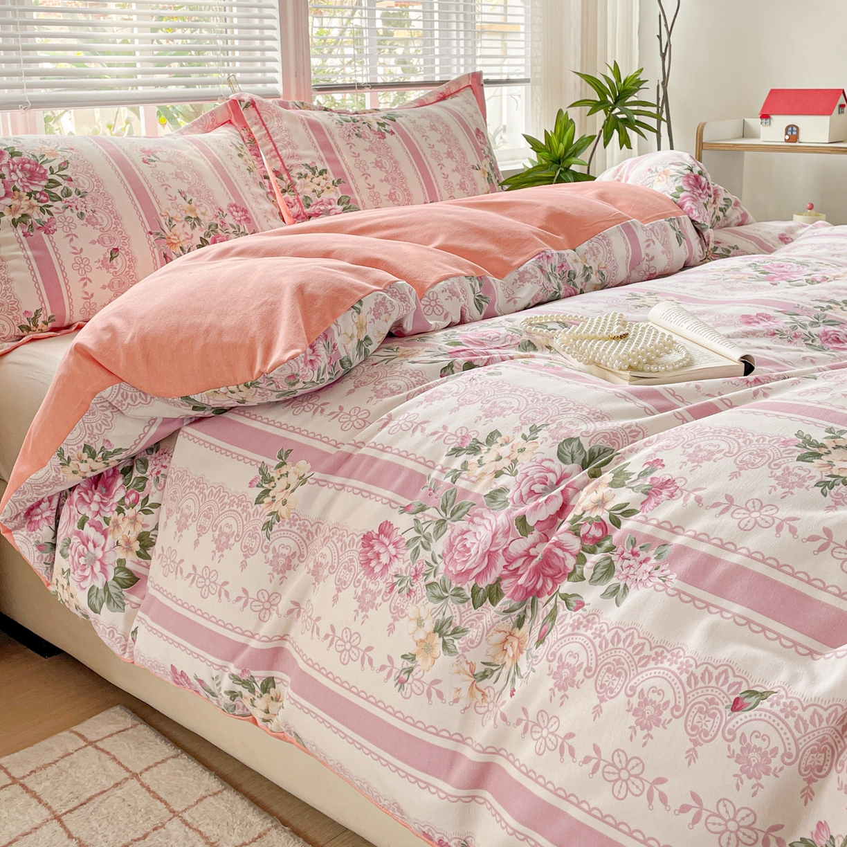 91家纺网 家纺一手货源 找家纺 纽缦家纺 2025新款全棉纯棉磨毛印花四件套 法芙娜粉