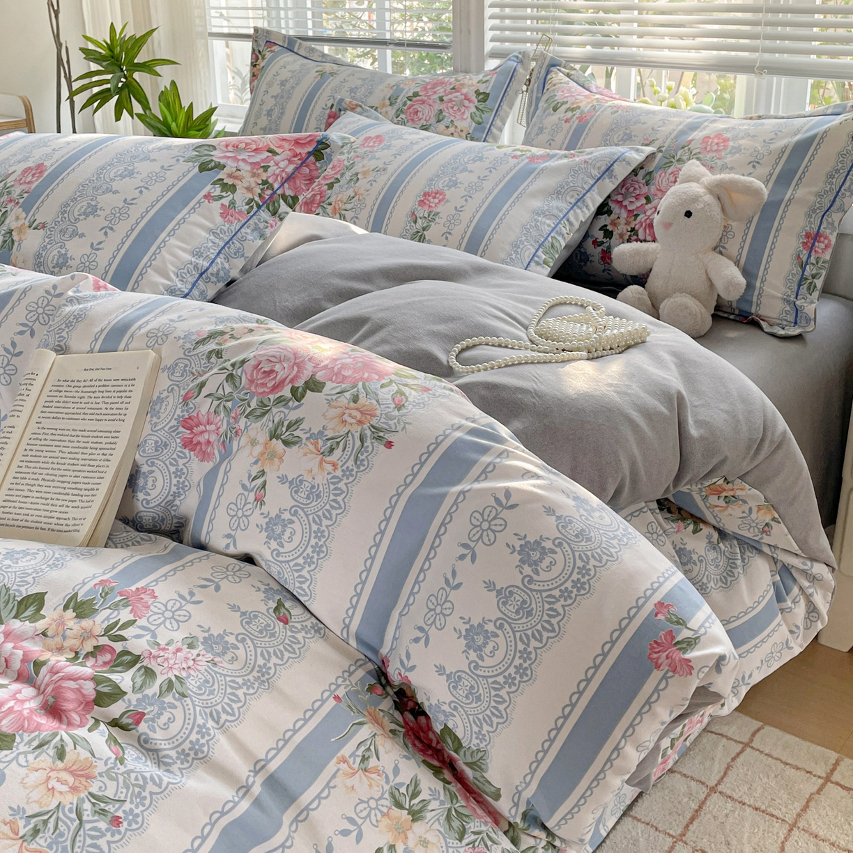 91家纺网 家纺一手货源 找家纺 纽缦家纺 2025新款全棉纯棉磨毛印花四件套 法芙娜蓝