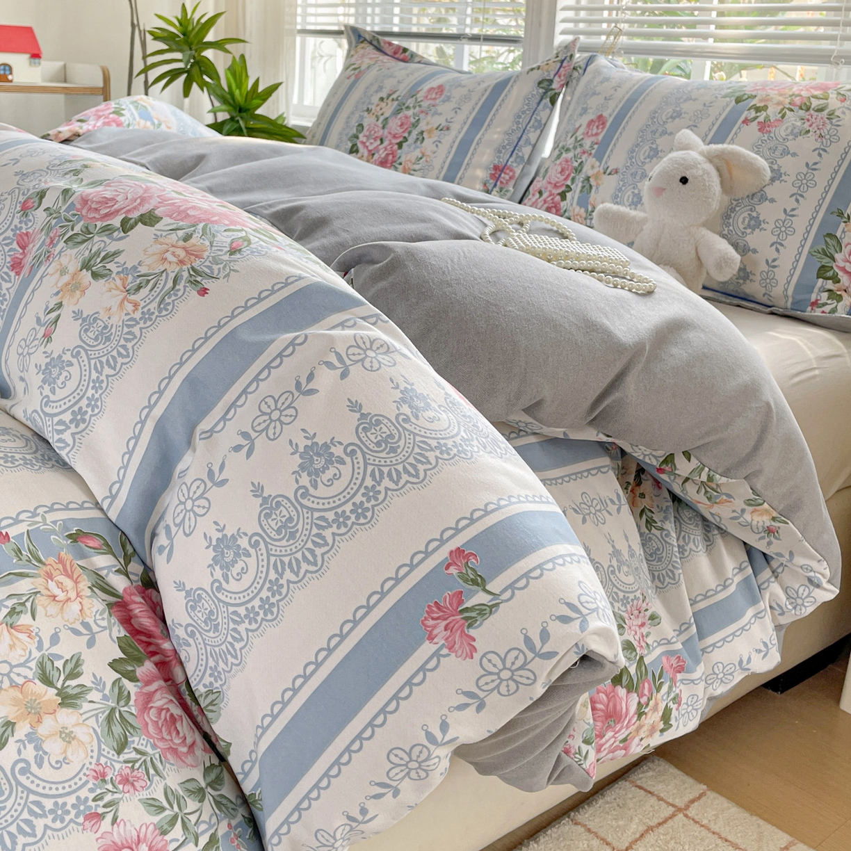 91家纺网 家纺一手货源 找家纺 纽缦家纺 2025新款全棉纯棉磨毛印花四件套 法芙娜蓝