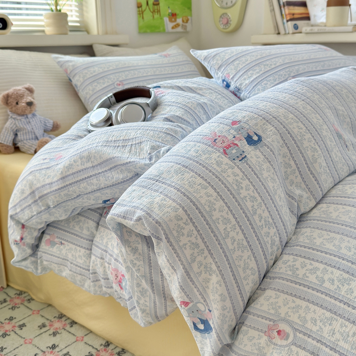 91家纺网 家纺一手货源 找家纺 沐芷 2025 A类木棉双层纱简约风床上四件套柔软手感宿舍三件套 小象同学