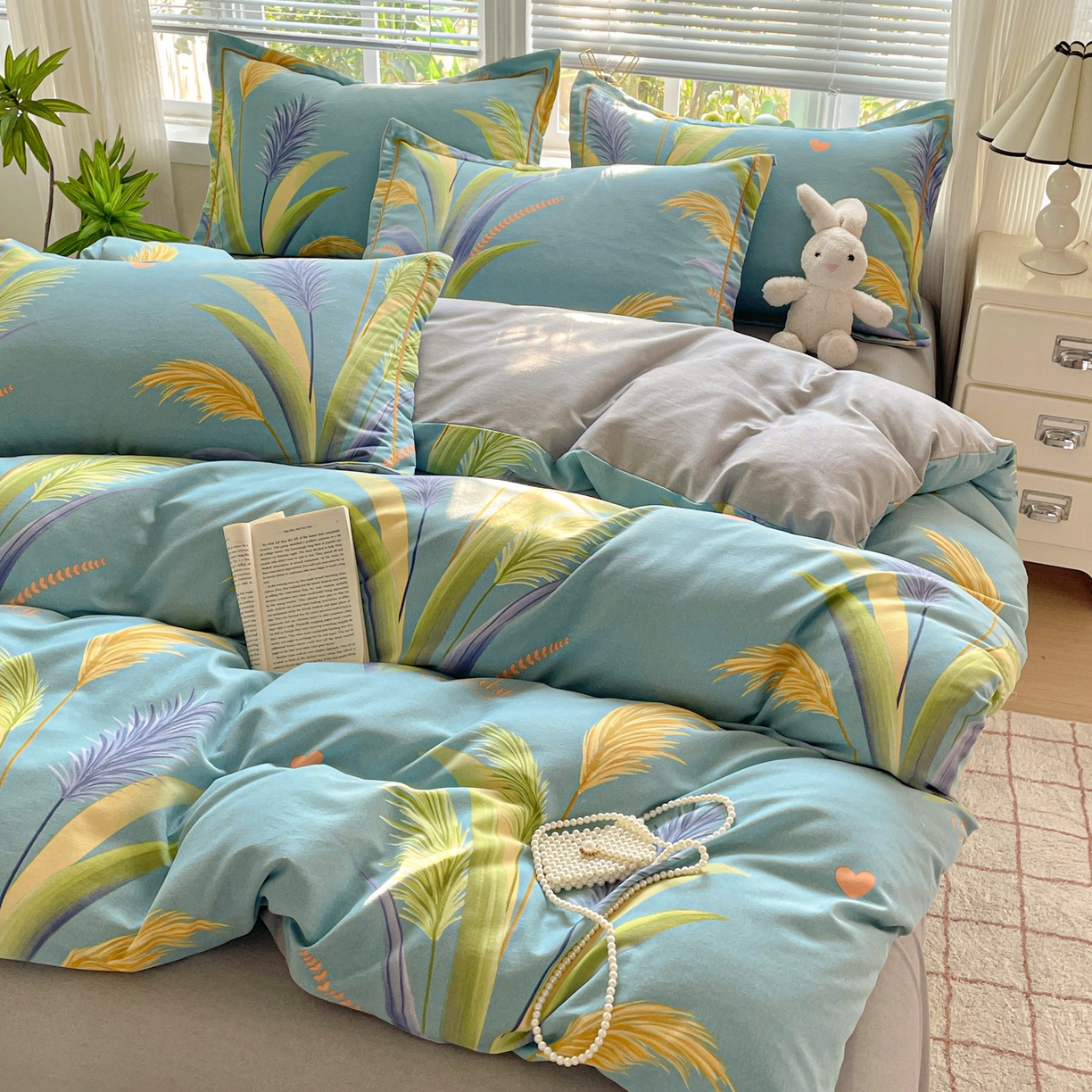 纽缦家纺 2025新款全棉纯棉磨毛印花四件套 风吹麦浪蓝