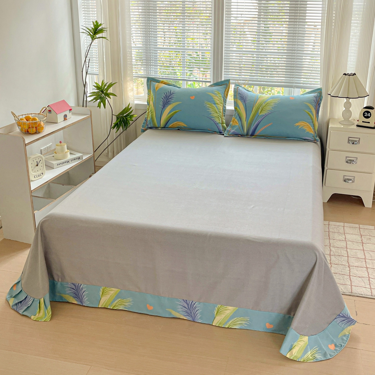 91家纺网 家纺一手货源 找家纺 纽缦家纺 2025新款全棉纯棉磨毛印花四件套 风吹麦浪蓝