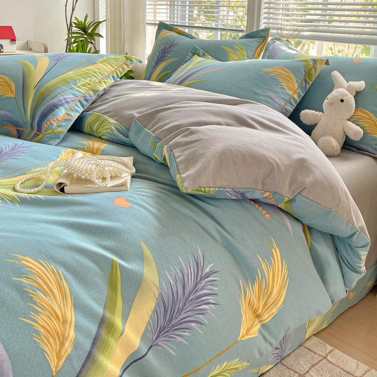 91家纺网 家纺一手货源 找家纺 纽缦家纺 2025新款全棉纯棉磨毛印花四件套 风吹麦浪蓝