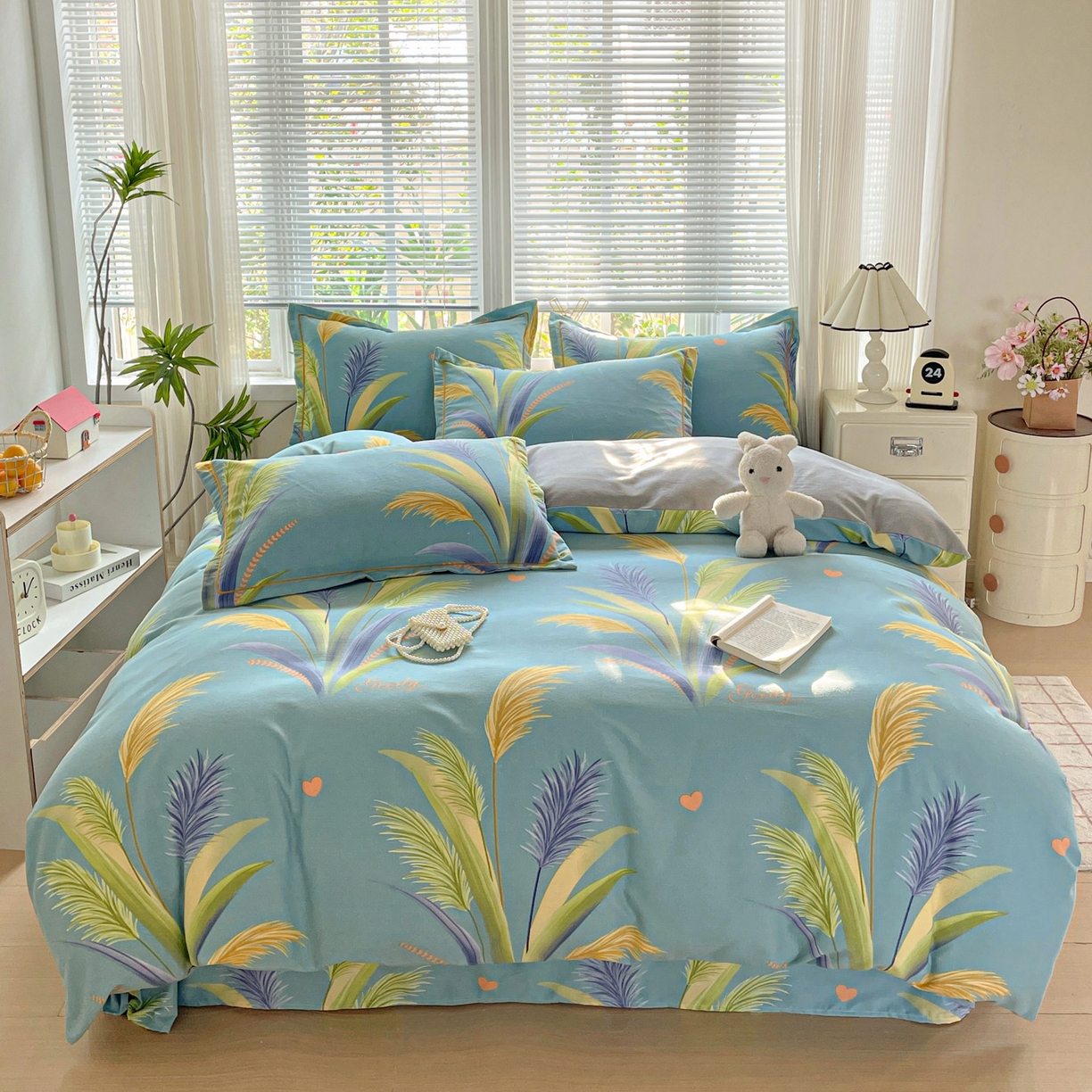 91家纺网 家纺一手货源 找家纺 纽缦家纺 2025新款全棉纯棉磨毛印花四件套 风吹麦浪蓝