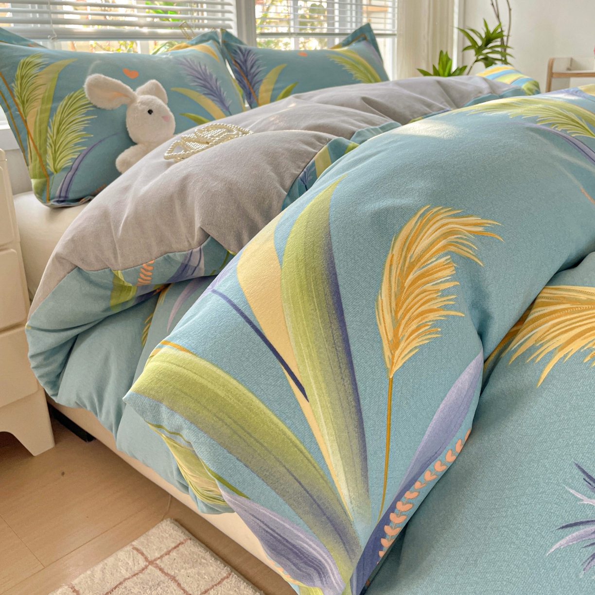 91家纺网 家纺一手货源 找家纺 纽缦家纺 2025新款全棉纯棉磨毛印花四件套 风吹麦浪蓝