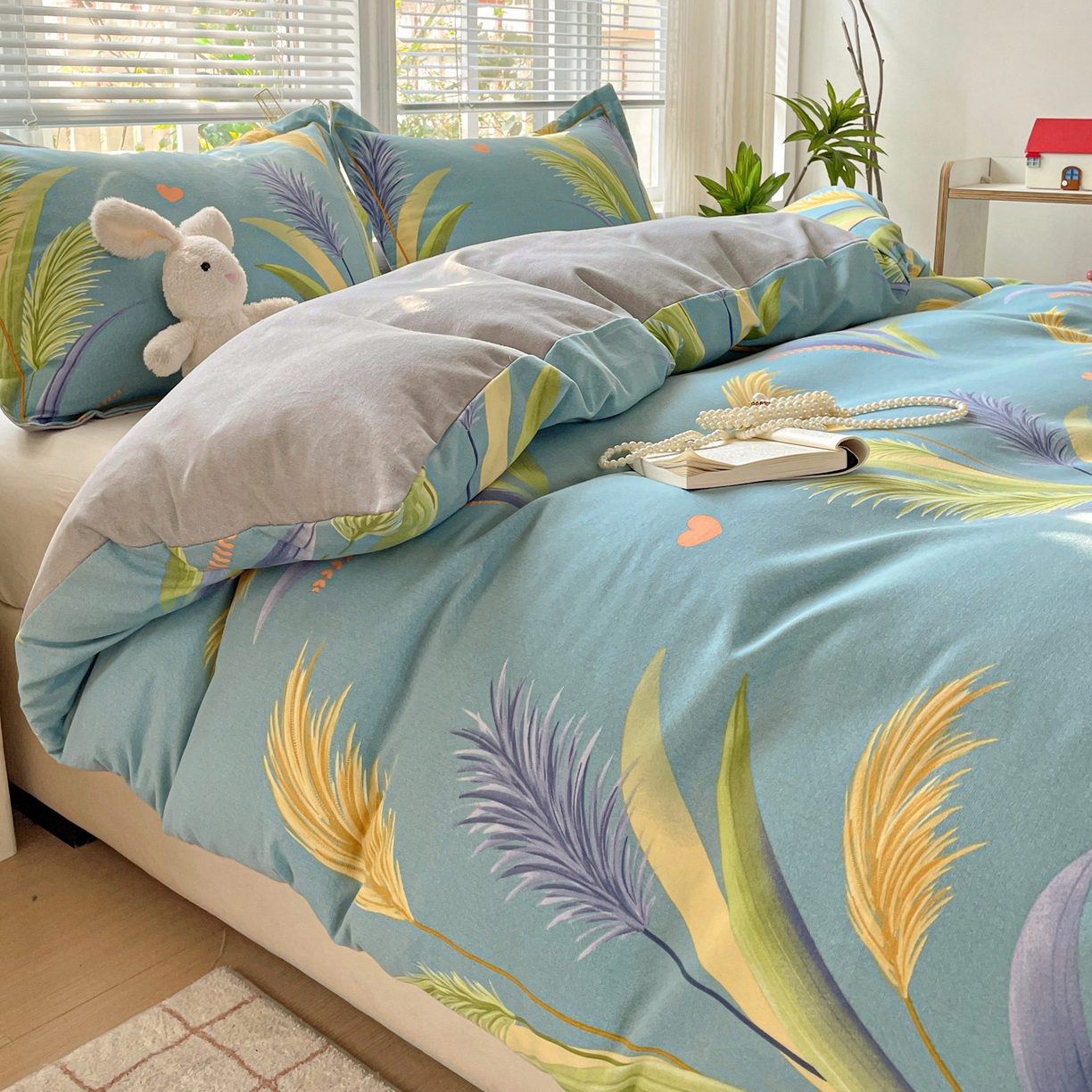 91家纺网 家纺一手货源 找家纺 纽缦家纺 2025新款全棉纯棉磨毛印花四件套 风吹麦浪蓝