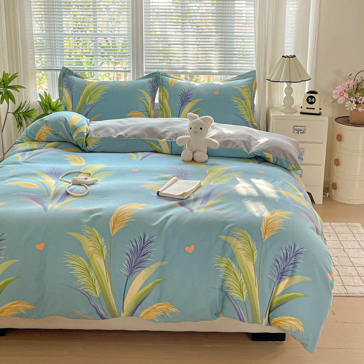 91家纺网 家纺一手货源 找家纺 纽缦家纺 2025新款全棉纯棉磨毛印花四件套 风吹麦浪蓝