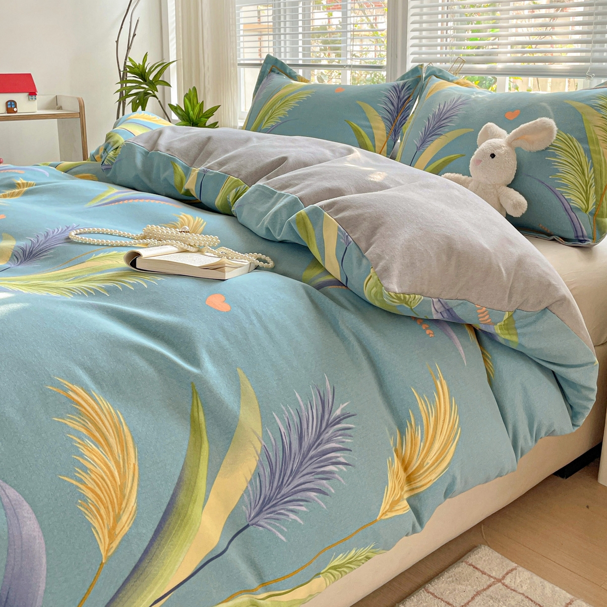 91家纺网 家纺一手货源 找家纺 纽缦家纺 2025新款全棉纯棉磨毛印花四件套 风吹麦浪蓝