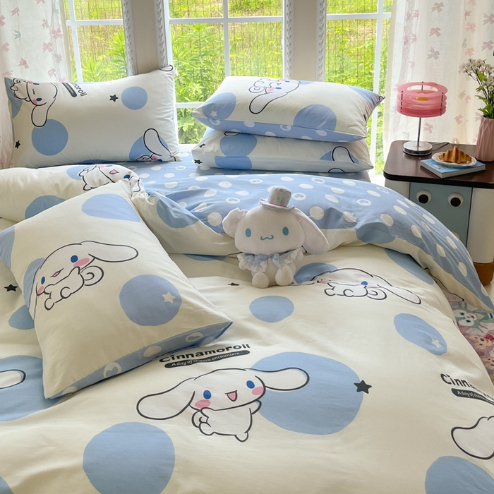 91家纺网 家纺一手货源 找家纺 金爱家2025新款三丽鸥正版授权卡通数码印花混搭纯棉印花系列四件套 棉三丽鸥-波点玉桂狗