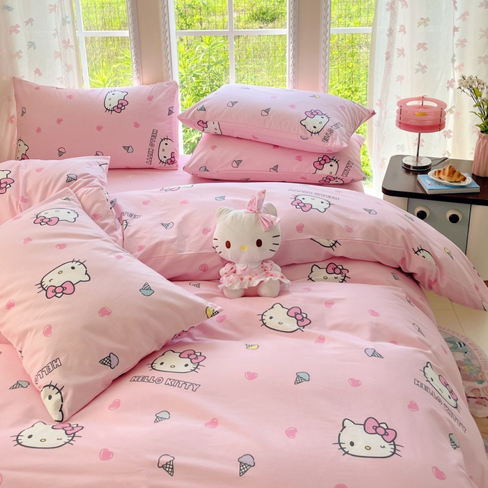 91家纺网 家纺一手货源 找家纺 金爱家2025新款三丽鸥正版授权卡通数码印花混搭纯棉印花系列四件套 棉三丽鸥-粉粉甜美kitty