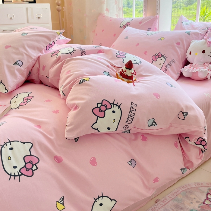 91家纺网 家纺一手货源 找家纺 金爱家2025新款三丽鸥正版授权卡通数码印花混搭纯棉印花系列四件套 棉三丽鸥-粉粉甜美kitty