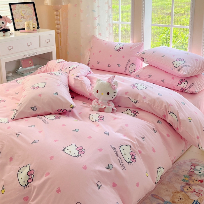 91家纺网 家纺一手货源 找家纺 金爱家2025新款三丽鸥正版授权卡通数码印花混搭纯棉印花系列四件套 棉三丽鸥-粉粉甜美kitty