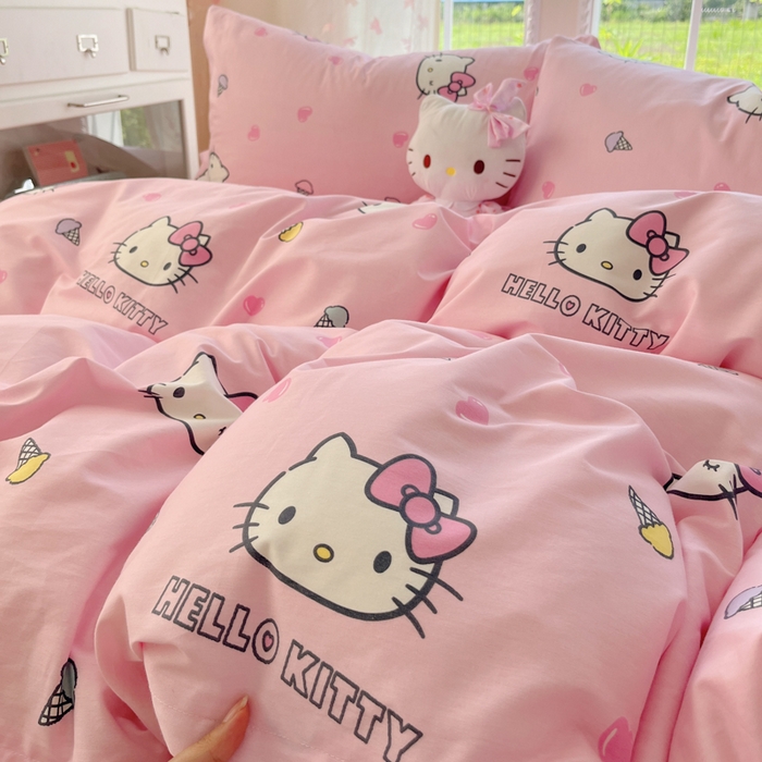 91家纺网 家纺一手货源 找家纺 金爱家2025新款三丽鸥正版授权卡通数码印花混搭纯棉印花系列四件套 棉三丽鸥-粉粉甜美kitty