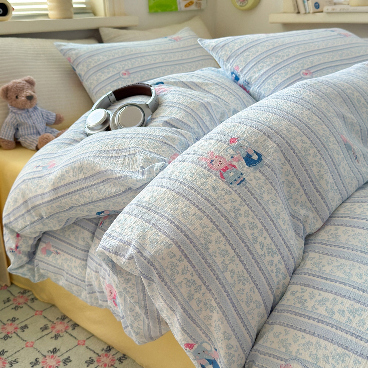 91家纺网 家纺一手货源 找家纺 沐芷 2025 A类木棉双层纱简约风床上四件套柔软手感宿舍三件套 小象同学