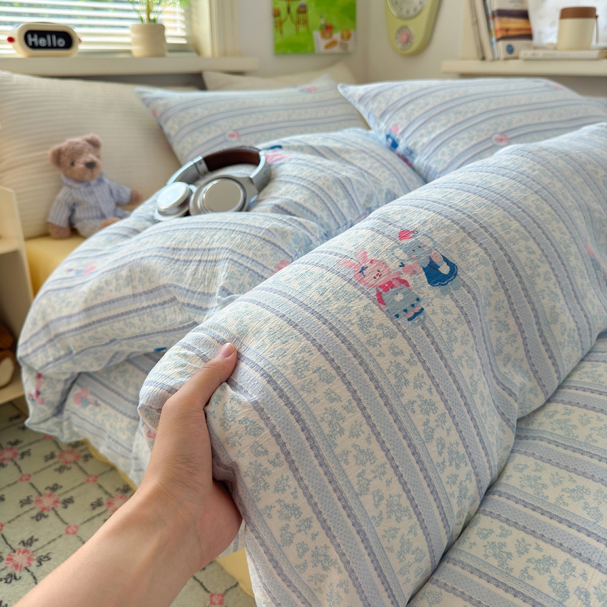 91家纺网 家纺一手货源 找家纺 沐芷 2025 A类木棉双层纱简约风床上四件套柔软手感宿舍三件套 小象同学