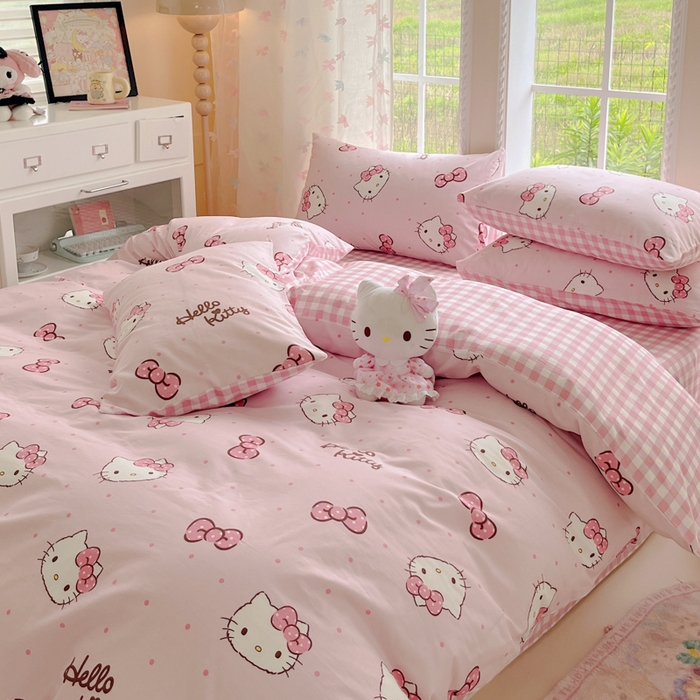 91家纺网 家纺一手货源 找家纺 金爱家2025新款三丽鸥正版授权卡通数码印花混搭纯棉印花系列四件套 棉三丽鸥-蝴蝶结kitty