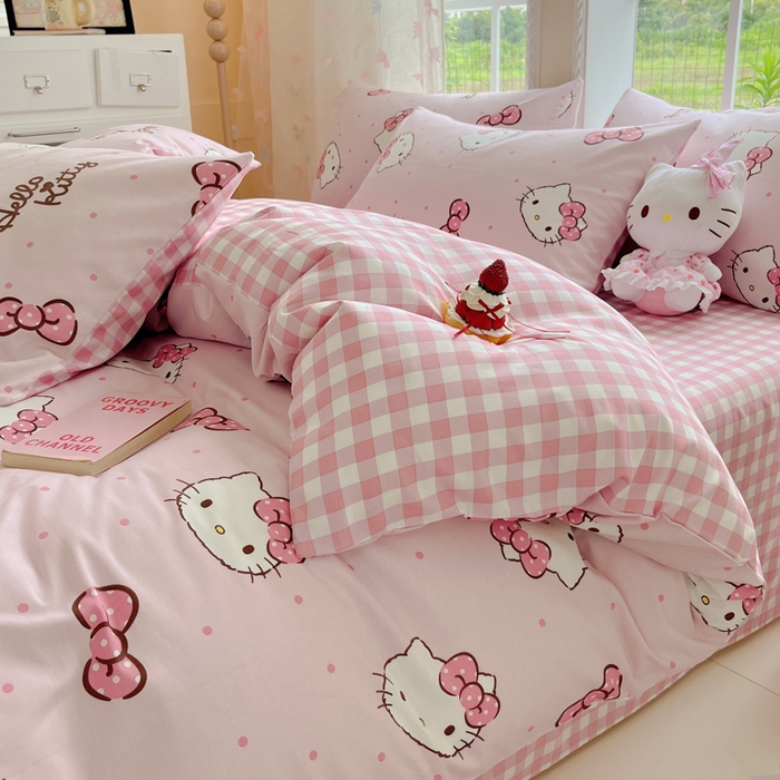 91家纺网 家纺一手货源 找家纺 金爱家2025新款三丽鸥正版授权卡通数码印花混搭纯棉印花系列四件套 棉三丽鸥-蝴蝶结kitty