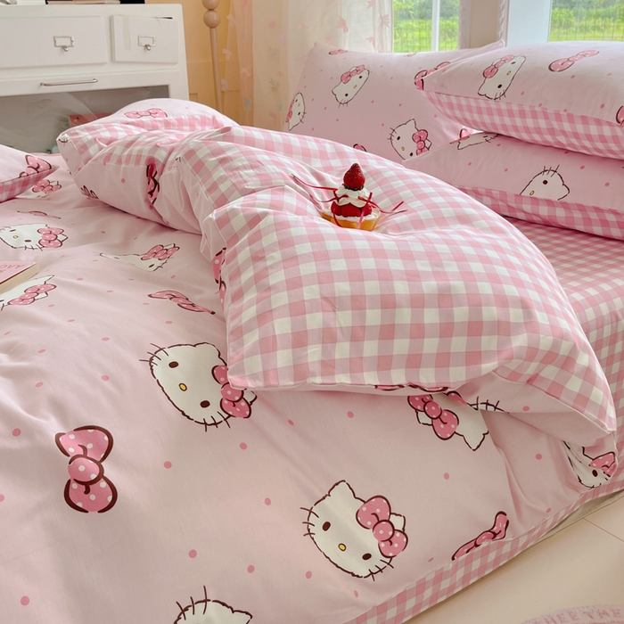 91家纺网 家纺一手货源 找家纺 金爱家2025新款三丽鸥正版授权卡通数码印花混搭纯棉印花系列四件套 棉三丽鸥-蝴蝶结kitty