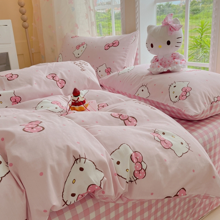 91家纺网 家纺一手货源 找家纺 金爱家2025新款三丽鸥正版授权卡通数码印花混搭纯棉印花系列四件套 棉三丽鸥-蝴蝶结kitty