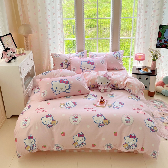 金爱家2025新款三丽鸥正版授权卡通数码印花混搭纯棉印花系列四件套 棉三丽鸥-混搭kitty小熊粉