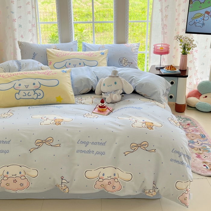 91家纺网 家纺一手货源 找家纺 金爱家2025新款三丽鸥正版授权卡通数码印花混搭纯棉印花系列四件套 棉三丽鸥-混搭点点玉桂狗蓝