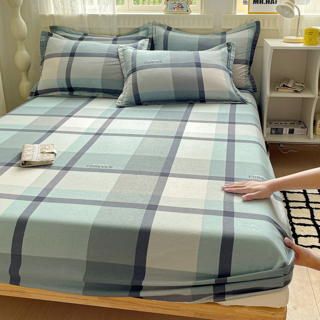 91家纺网 家纺一手货源 找家纺 纽缦家纺 2025新款全棉纯棉磨毛印花单床笠 床笠单件 曼迪蓝