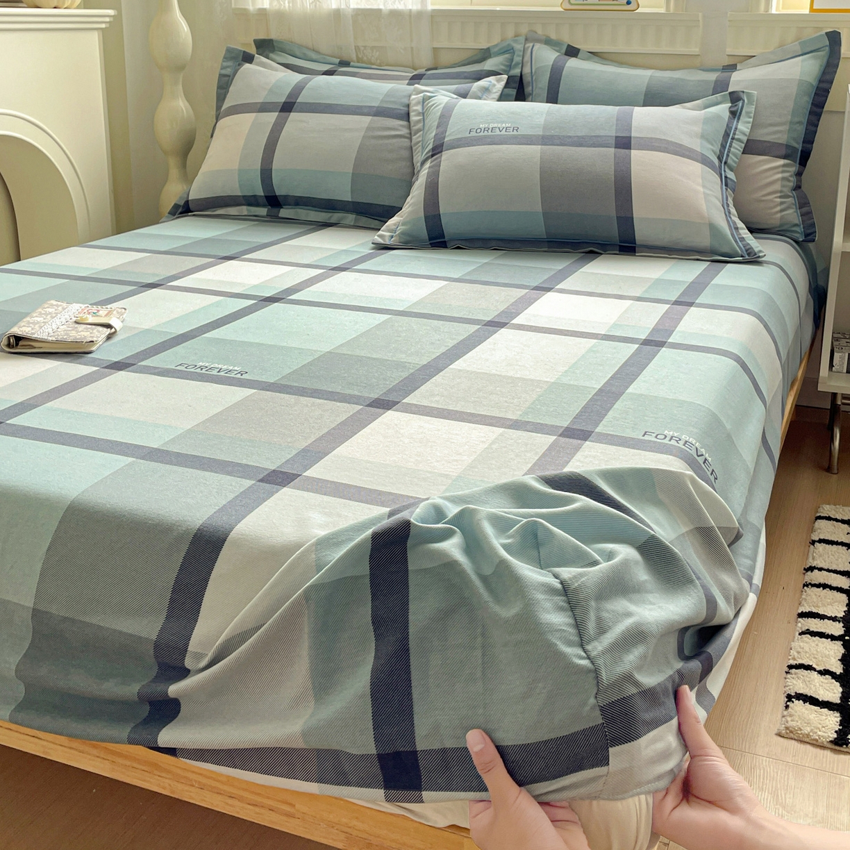 91家纺网 家纺一手货源 找家纺 纽缦家纺 2025新款全棉纯棉磨毛印花单床笠 床笠单件 曼迪蓝