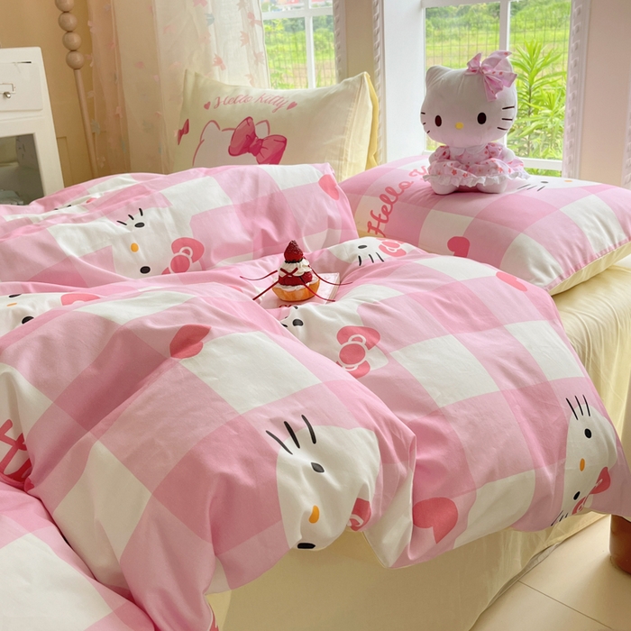 91家纺网 家纺一手货源 找家纺 金爱家2025新款三丽鸥正版授权卡通数码印花混搭纯棉印花系列四件套 棉三丽鸥-混搭告白kt猫