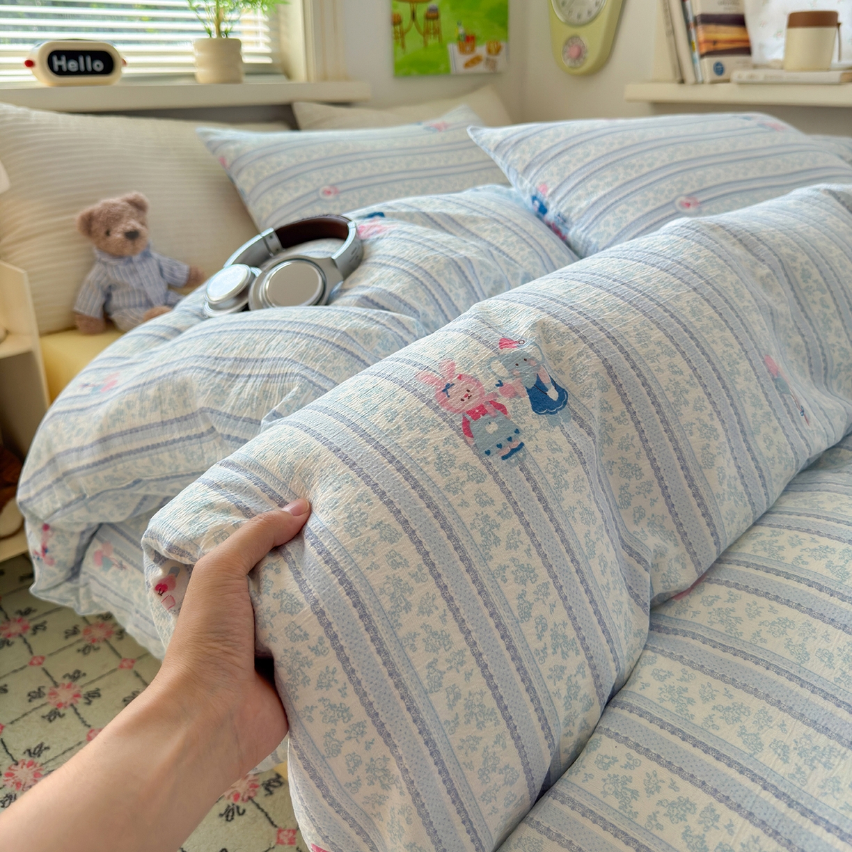 91家纺网 家纺一手货源 找家纺 沐芷 2025 A类木棉双层纱简约风床上四件套柔软手感宿舍三件套 小象同学