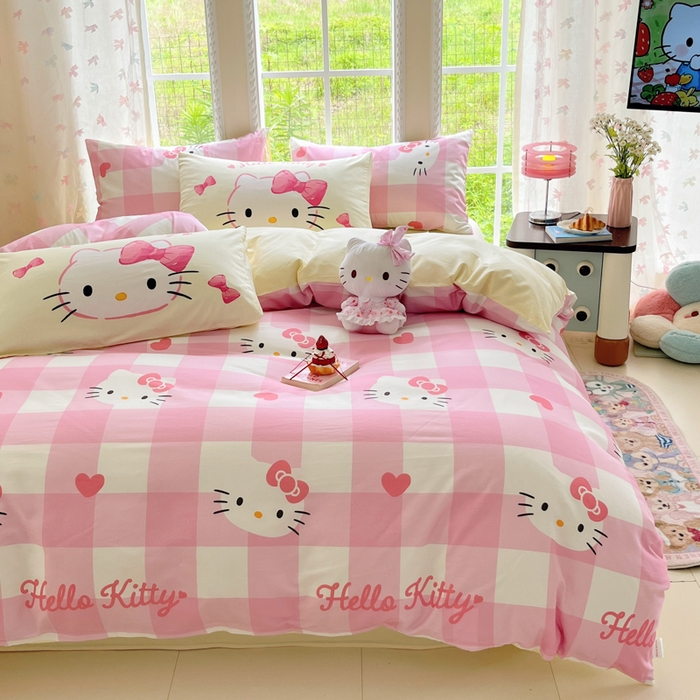 91家纺网 家纺一手货源 找家纺 金爱家2025新款三丽鸥正版授权卡通数码印花混搭纯棉印花系列四件套 棉三丽鸥-混搭告白kt猫