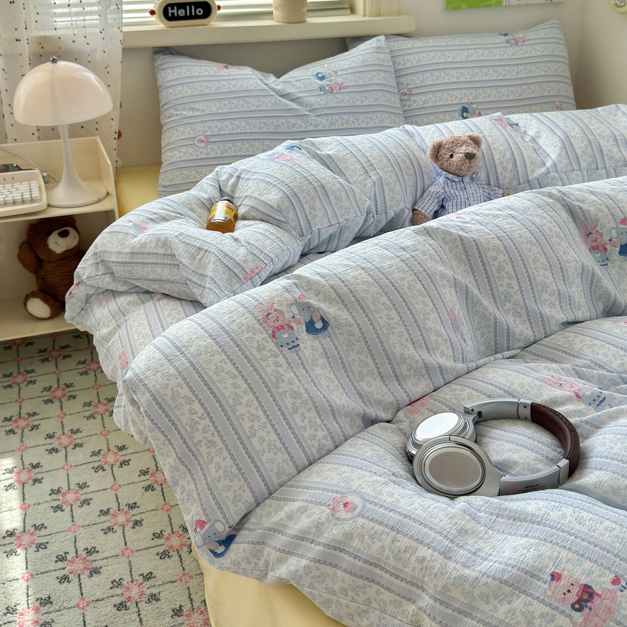 91家纺网 家纺一手货源 找家纺 沐芷 2025 A类木棉双层纱简约风床上四件套柔软手感宿舍三件套 小象同学