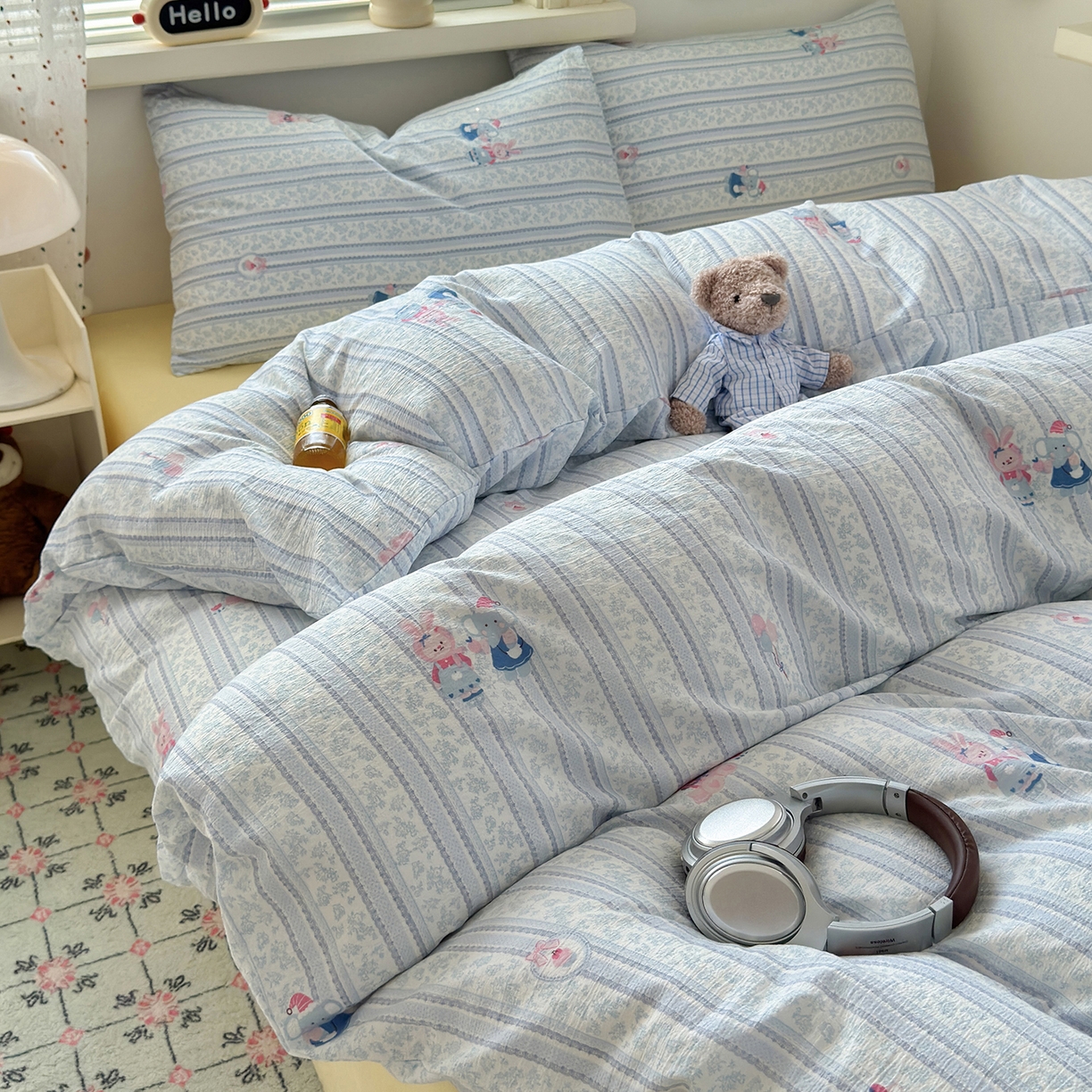 91家纺网 家纺一手货源 找家纺 沐芷 2025 A类木棉双层纱简约风床上四件套柔软手感宿舍三件套 小象同学