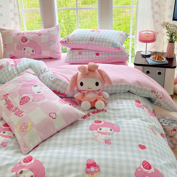 91家纺网 家纺一手货源 找家纺 金爱家2025新款三丽鸥正版授权卡通数码印花混搭纯棉印花系列四件套 棉三丽鸥-混搭乖乖美乐蒂