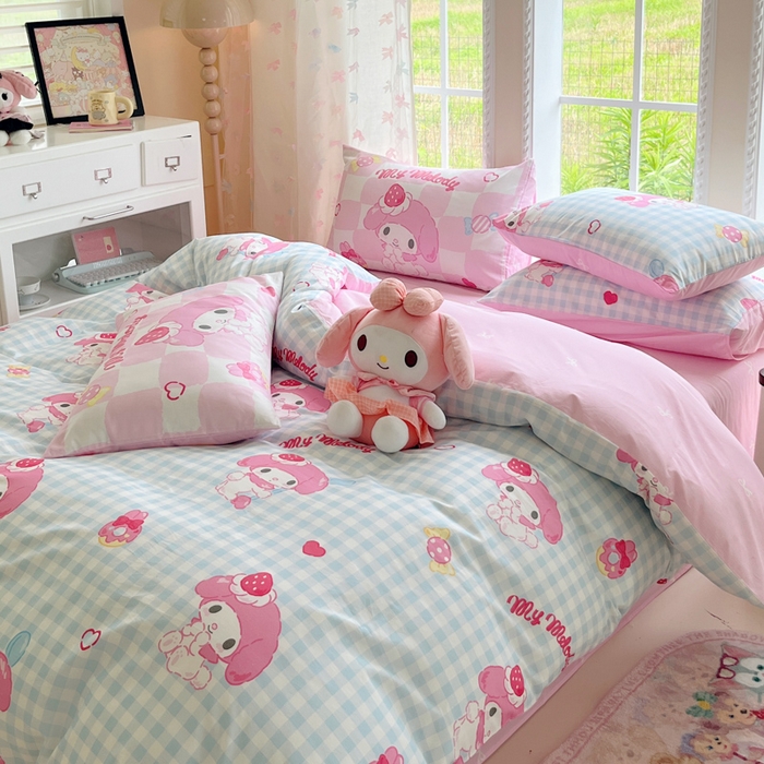 91家纺网 家纺一手货源 找家纺 金爱家2025新款三丽鸥正版授权卡通数码印花混搭纯棉印花系列四件套 棉三丽鸥-混搭乖乖美乐蒂