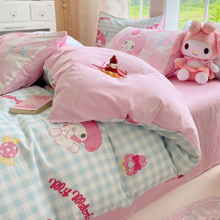 91家纺网 家纺一手货源 找家纺 金爱家2025新款三丽鸥正版授权卡通数码印花混搭纯棉印花系列四件套 棉三丽鸥-混搭乖乖美乐蒂