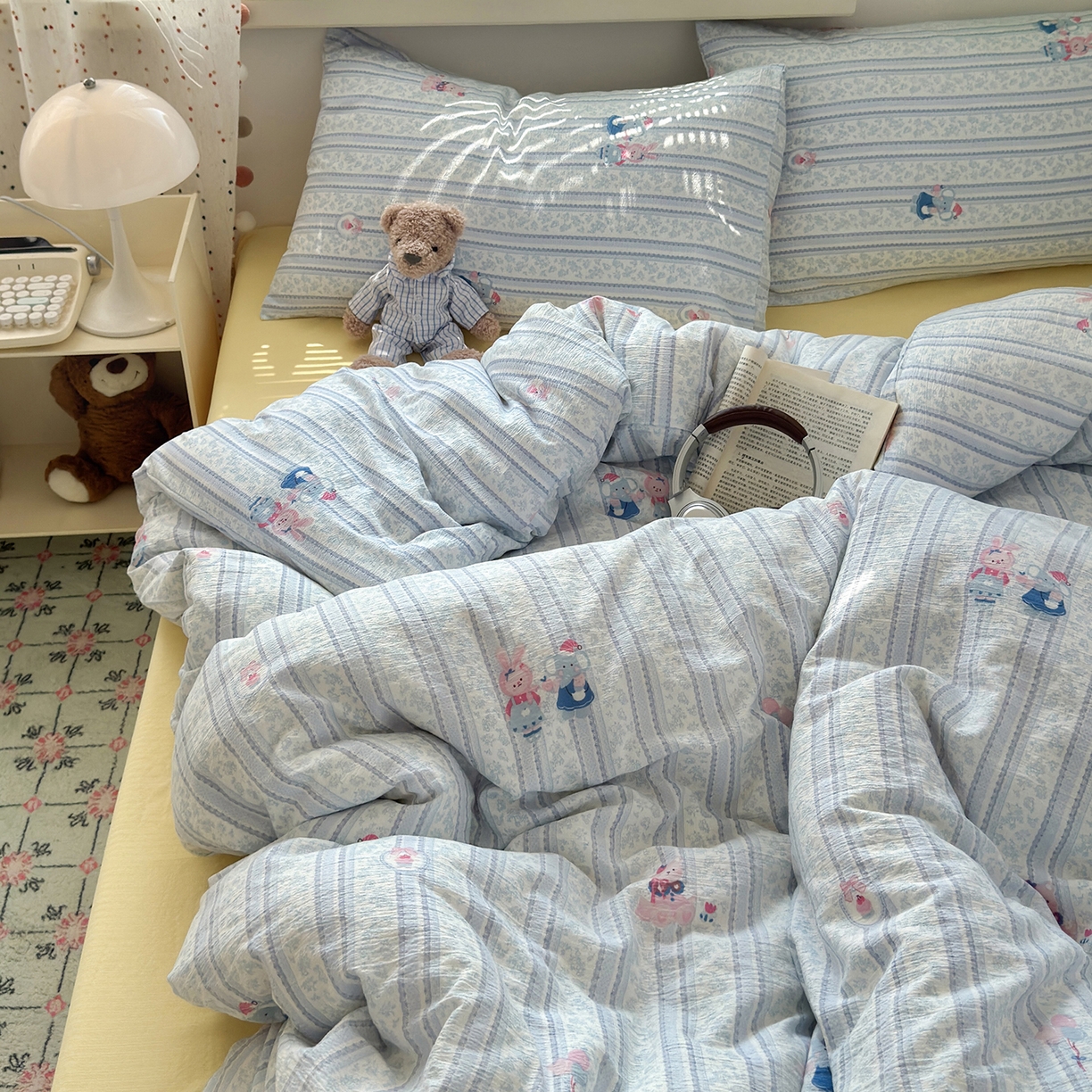 91家纺网 家纺一手货源 找家纺 沐芷 2025 A类木棉双层纱简约风床上四件套柔软手感宿舍三件套 小象同学