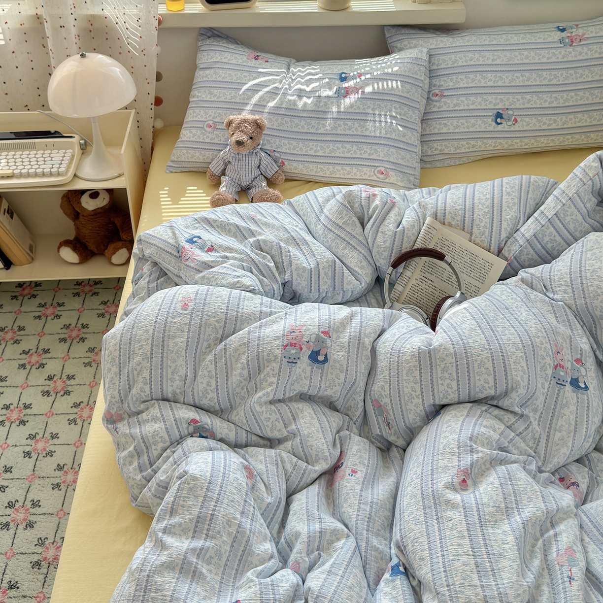 91家纺网 家纺一手货源 找家纺 沐芷 2025 A类木棉双层纱简约风床上四件套柔软手感宿舍三件套 小象同学