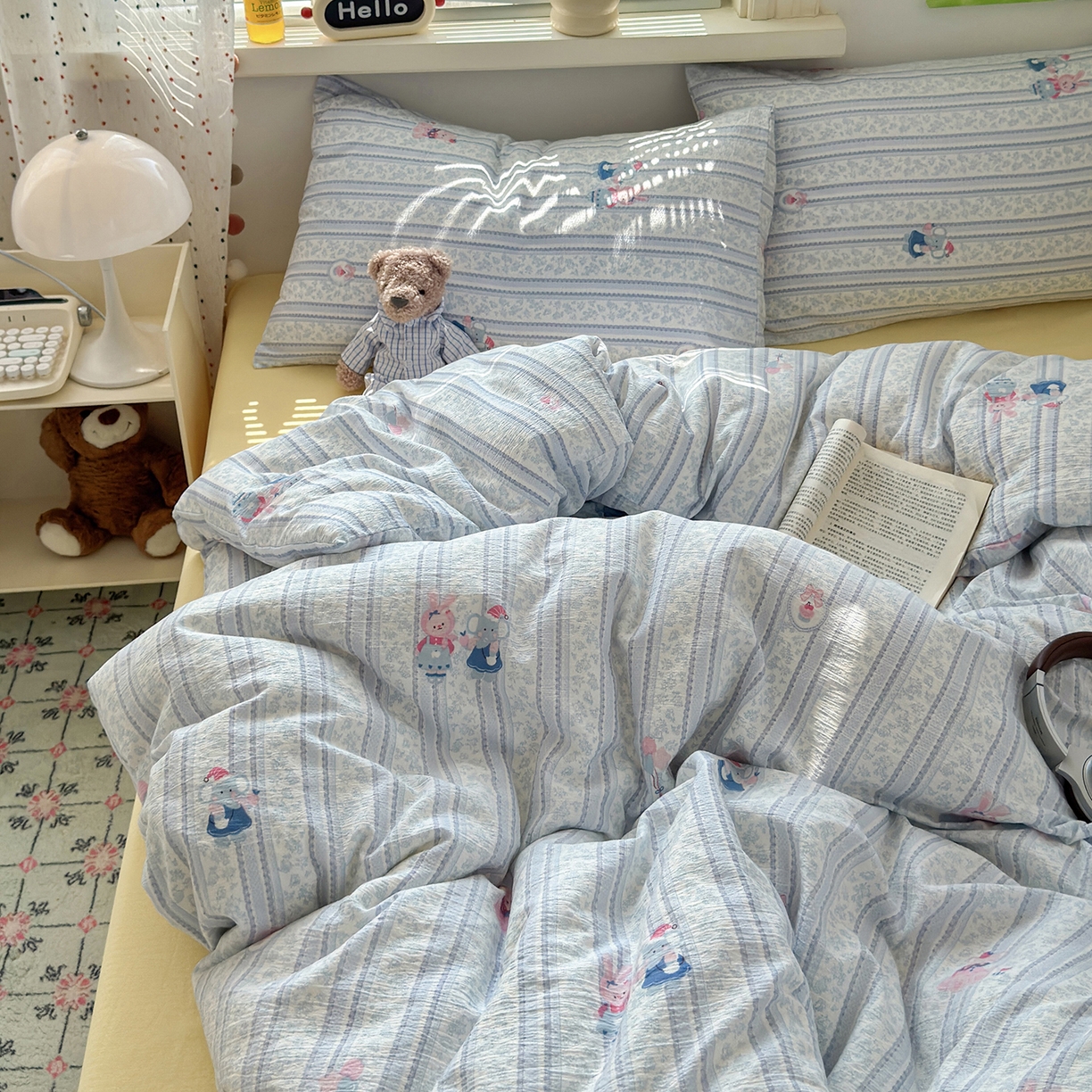 91家纺网 家纺一手货源 找家纺 沐芷 2025 A类木棉双层纱简约风床上四件套柔软手感宿舍三件套 小象同学