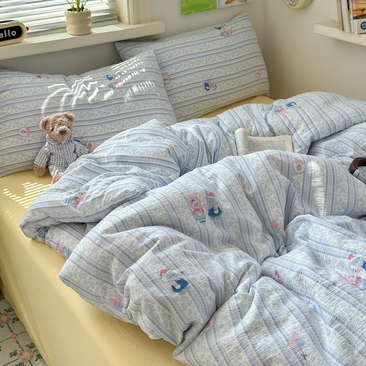 91家纺网 家纺一手货源 找家纺 沐芷 2025 A类木棉双层纱简约风床上四件套柔软手感宿舍三件套 小象同学