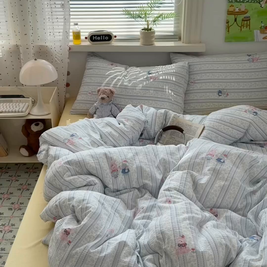 91家纺网 家纺一手货源 找家纺 沐芷 2025 A类木棉双层纱简约风床上四件套柔软手感宿舍三件套 小象同学
