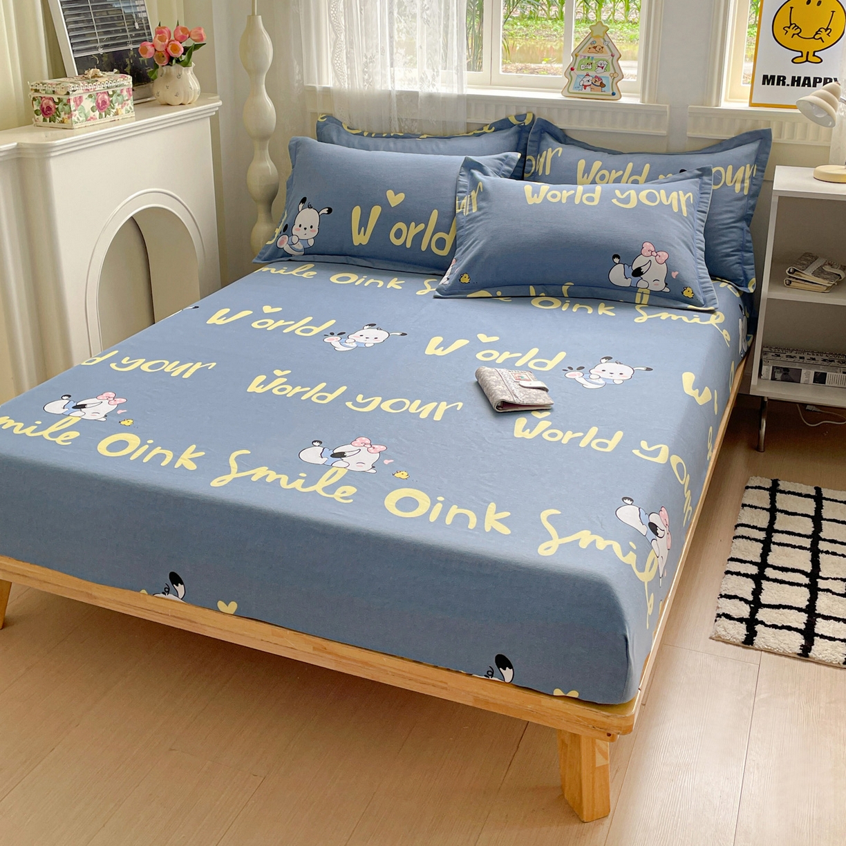 91家纺网 家纺一手货源 找家纺 纽缦家纺 2025新款全棉纯棉磨毛印花单床笠 床笠单件 萌宠宝贝蓝