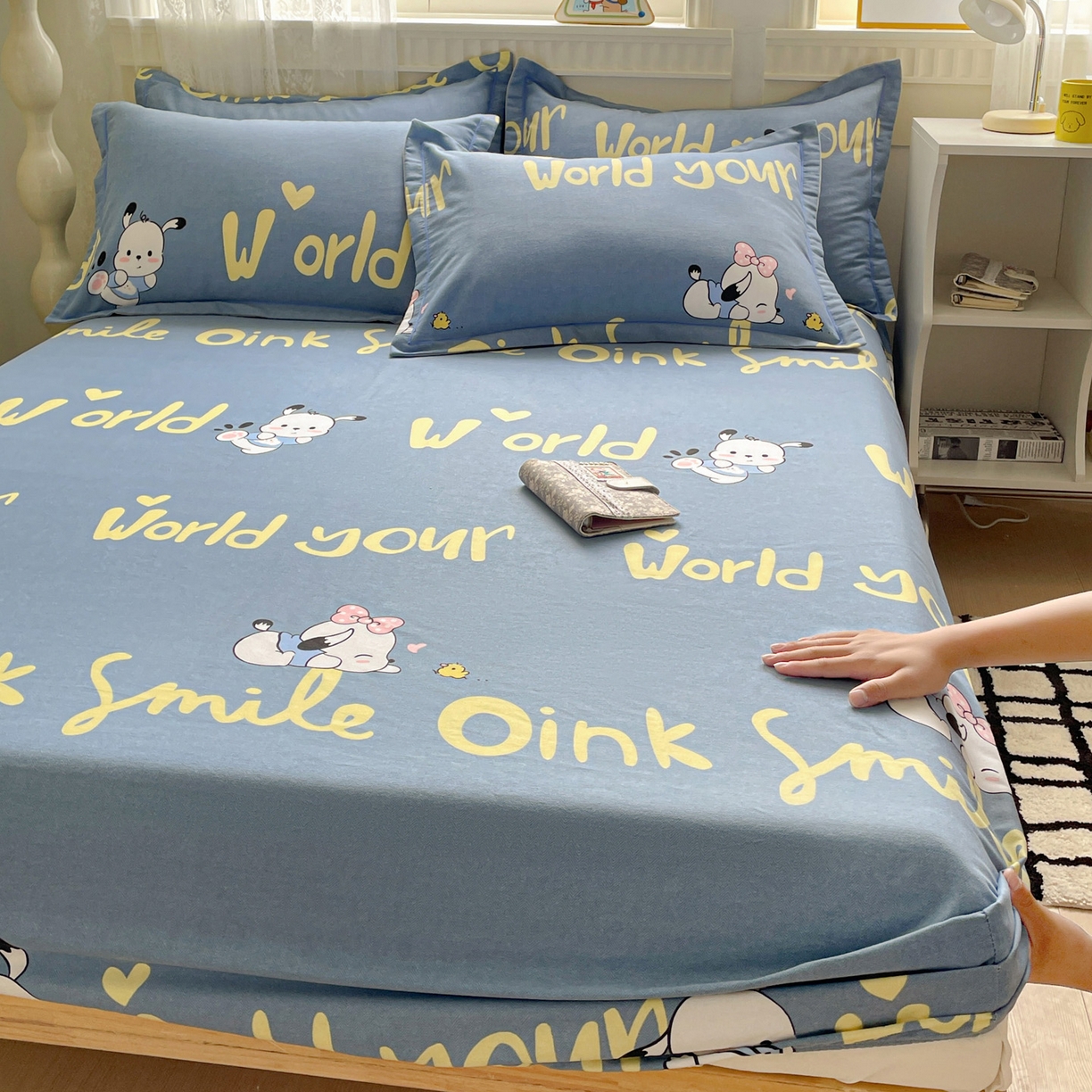 91家纺网 家纺一手货源 找家纺 纽缦家纺 2025新款全棉纯棉磨毛印花单床笠 床笠单件 萌宠宝贝蓝